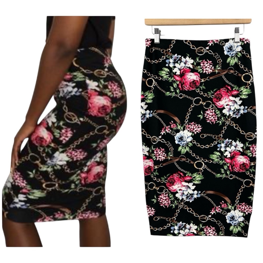 NWT Revamped High Waist Floral Chain Print Black Midi Pencil Skirt Size Medium